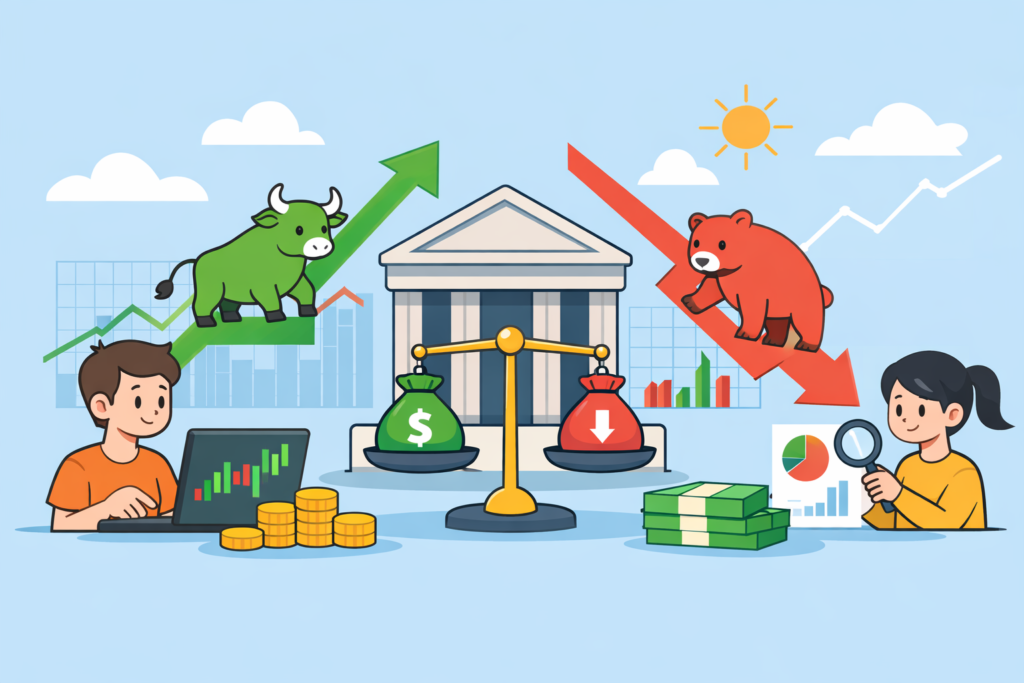 Minimal cartoon illustration of a stock market scene showing a bull and bear with rising and falling arrows, investors analyzing charts, coins, and a financial building symbolizing the stock exchange.