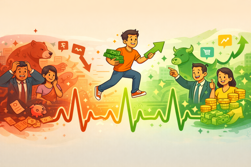 Minimal cartoon illustration showing the emotional ups and downs of investing, with a heartbeat-style market line transitioning from a bear market to a bull market as an investor moves toward growth and profits.