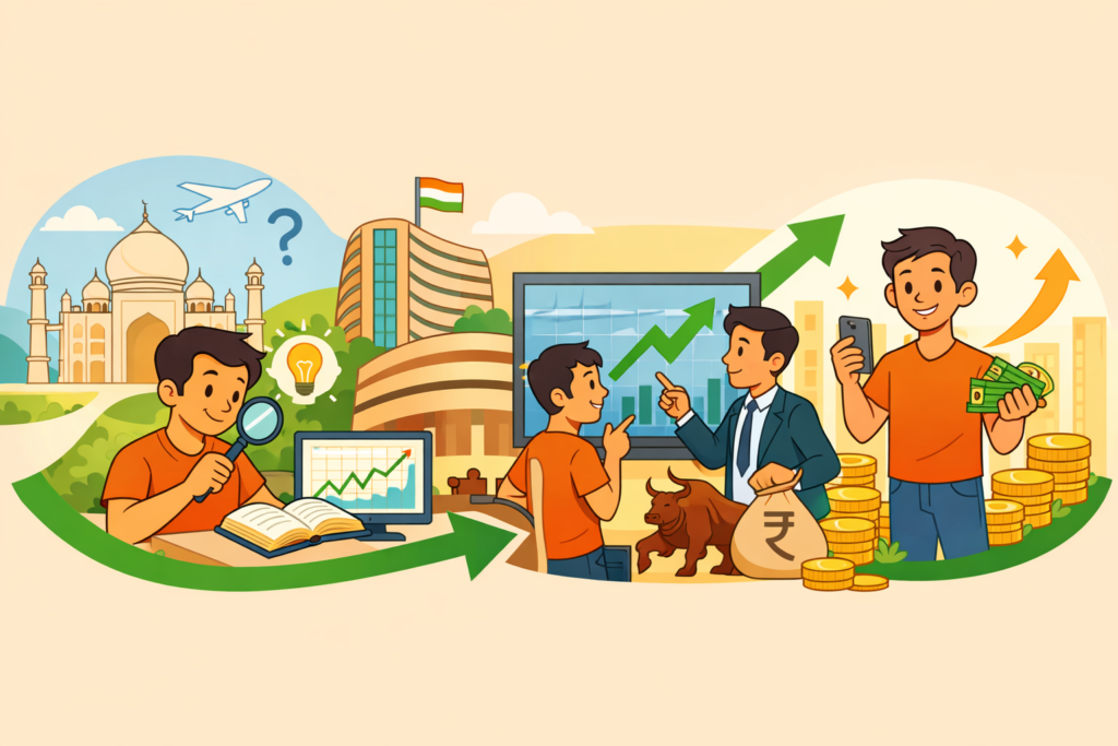 Minimal cartoon illustration showing a person’s journey from learning about the Indian stock market to investing successfully, with stock charts, a broker, coins, and rising arrows.