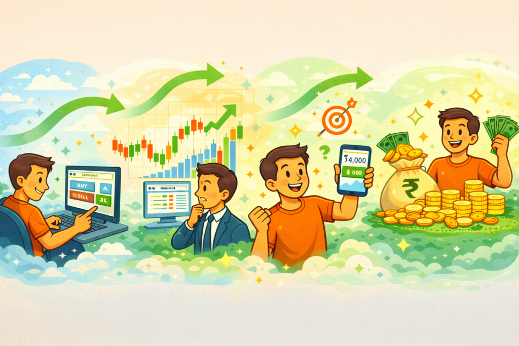 Minimal cartoon illustration showing the journey of a beginner investor—from placing the first stock trade, tracking market growth, to celebrating profits with rising charts and money.