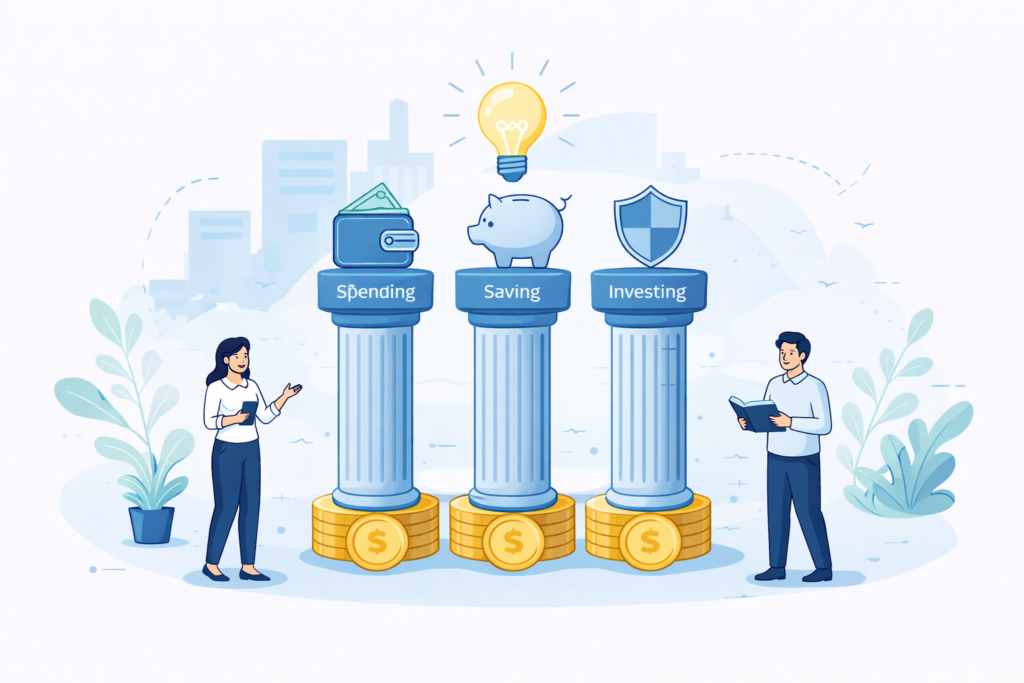Minimal cartoon illustration of four financial pillars represented by icons, with people managing money and coins in a calm blue-toned setting.