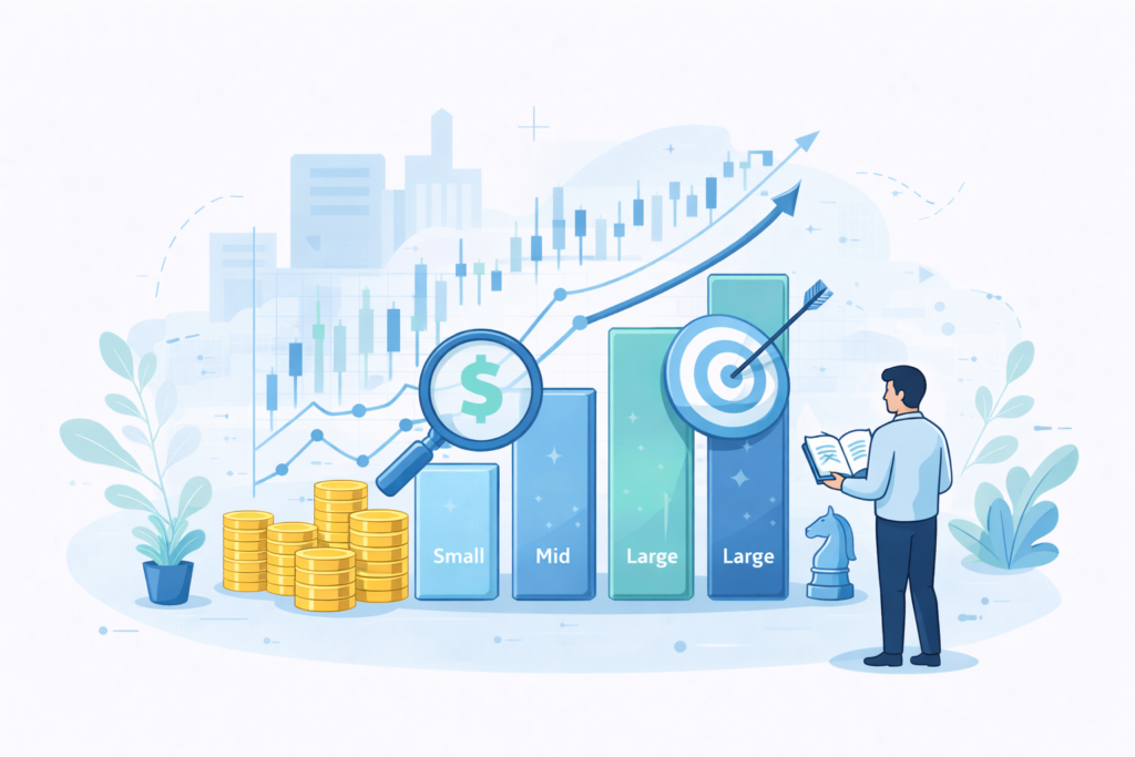 Minimal blue-toned illustration of an investor analyzing charts, targets, and market growth with coins and strategy elements.