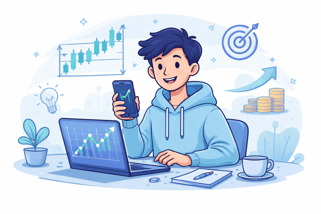 A young person smiling while making their first stock trade on a smartphone, with charts and financial icons around in a calm blue-themed workspace.