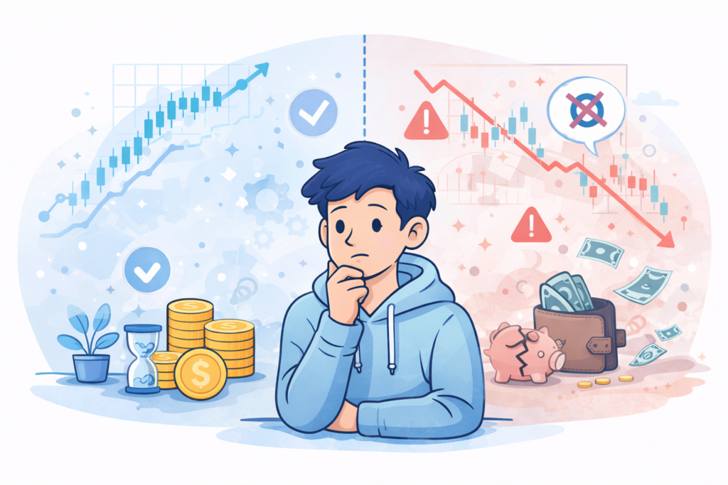 A person thinking about money choices, with one side showing growing savings and the other showing financial loss, in a calm blue-themed scene.