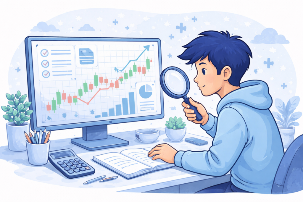 A person analyzing stock charts and financial data on a screen, evaluating whether an investment is worth it in a calm blue-themed setting.