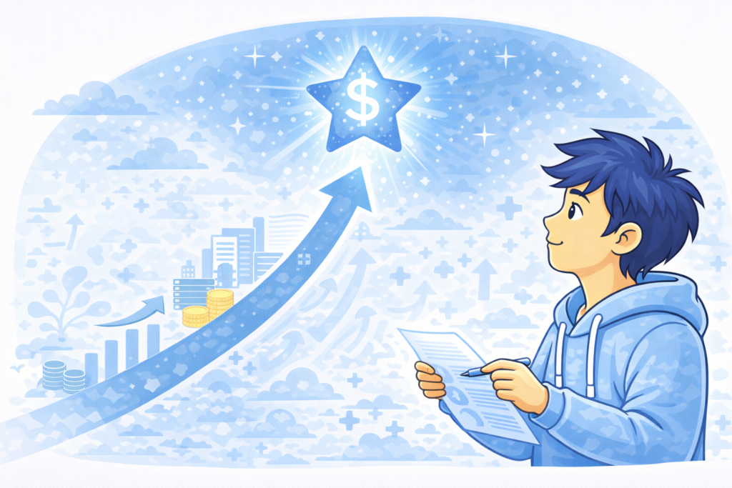 A person looking toward a glowing star symbolizing financial goals, with upward arrows and investment elements in a calm blue-themed scene.