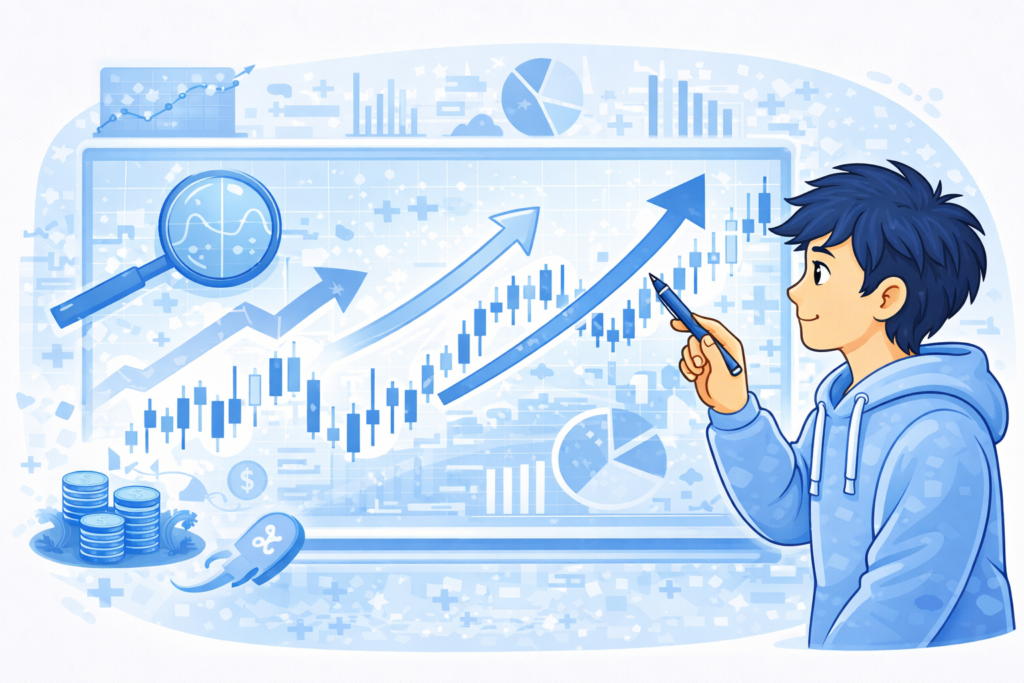 A person analyzing stock charts on a screen, pointing at rising trends with a pen in a calm blue-themed setting.