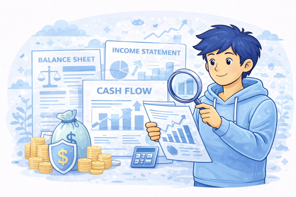 A person analyzing financial statements with charts and a magnifying glass, surrounded by money and data visuals in a calm blue-themed scene.