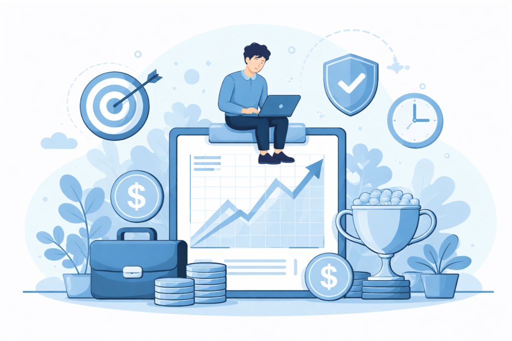 Minimal blue-toned illustration of a person managing an investment portfolio with a rising chart, coins, target, shield, and trophy symbols.