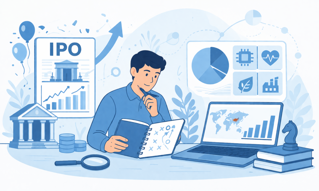 Minimal blue-toned illustration of an investor analyzing IPO data and sector charts on screens with growth indicators.
