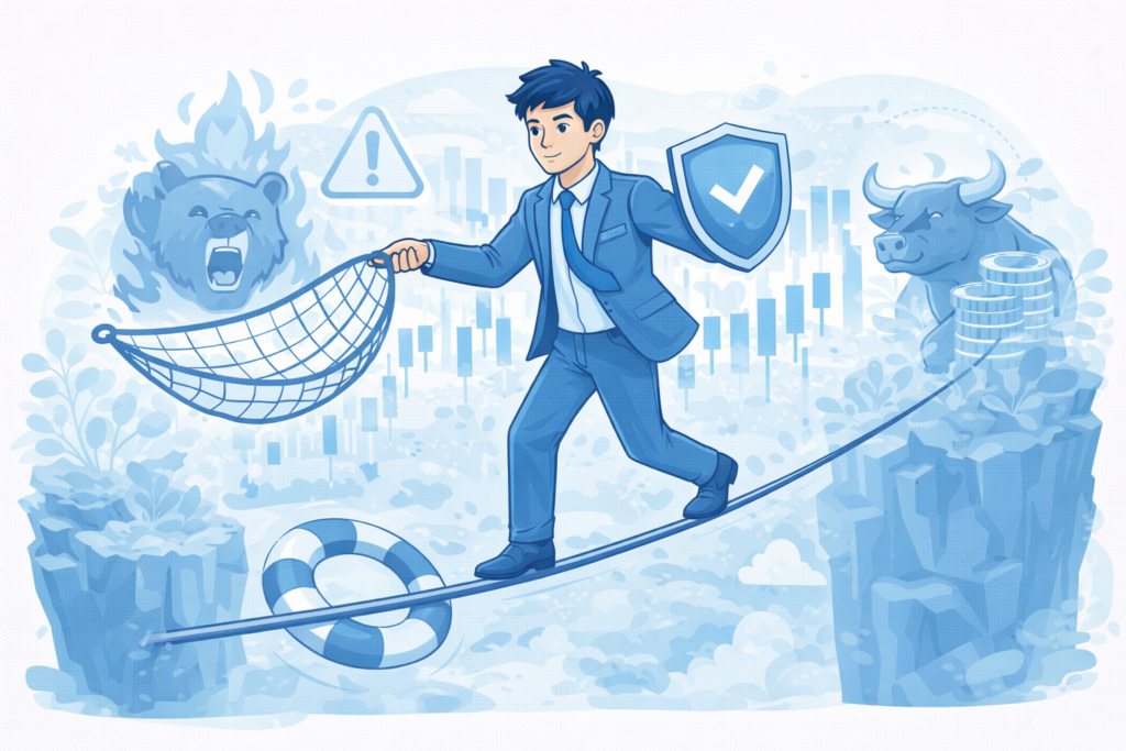 Minimal blue-toned illustration of a trader balancing on a tightrope with a shield and safety net, symbolizing risk control in volatile markets.