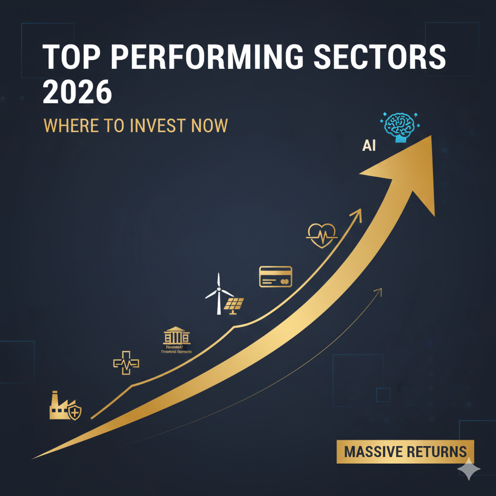 A vibrant, futuristic collage representing global investment trends in 2026. It features a glowing blue neural network brain (AI), tall wind turbines and solar panels (Renewable Energy), a sleek electric car, and a digital shield with a dollar sign (Fintech/Security). A bright gold and white trend line with an upward arrow cuts across the center, symbolizing massive growth and market success.