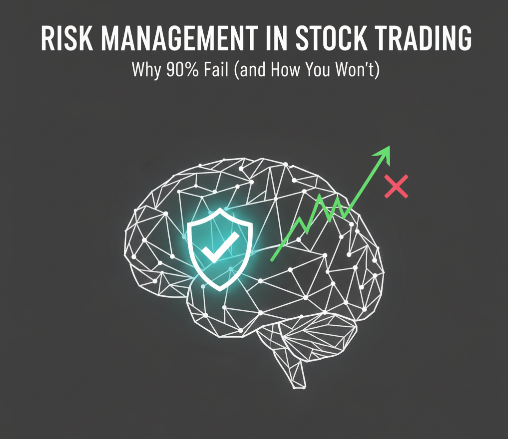 A minimalist illustration featuring a wireframe human brain with a glowing shield and checkmark at its center, symbolizing psychological discipline in trading. An upward-trending green stock line passes through the brain, while icons for portfolio diversification and a "Stop Loss" button are positioned at the bottom, all set against a dark, professional background.