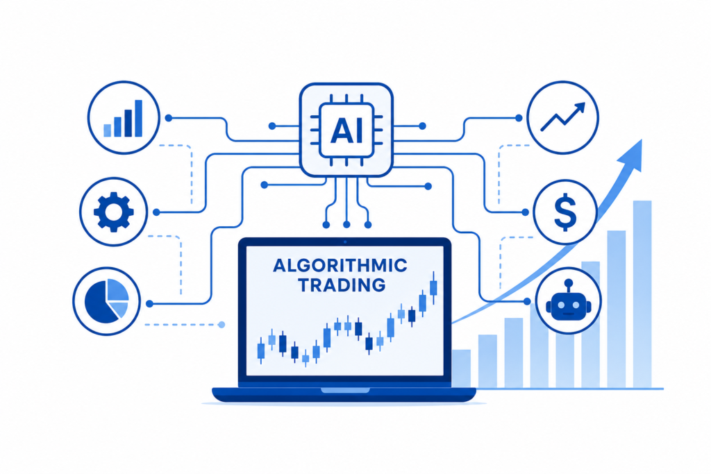 Minimalist flat vector illustration of algorithmic trading with blue data lines, AI automation icons, rising bar charts, and financial growth elements on a clean white background.