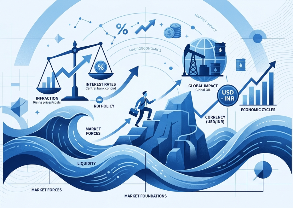 A monochromatic blue conceptual illustration of an investor climbing a rugged mountain amidst stylized ocean waves labeled 'Liquidity.' The scene includes symbols for inflation (a balanced scale), global oil impact, USD-INR currency exchange, and interest rates, representing the various macroeconomic forces that influence the stock market.