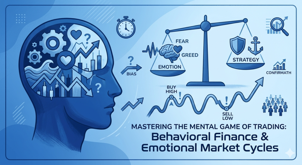 A monochromatic blue infographic-style illustration for behavioral finance. It features a side profile of a human head containing stock market charts and gears, next to a balance scale weighing "Emotion" against "Strategy" to represent the mental game of trading.