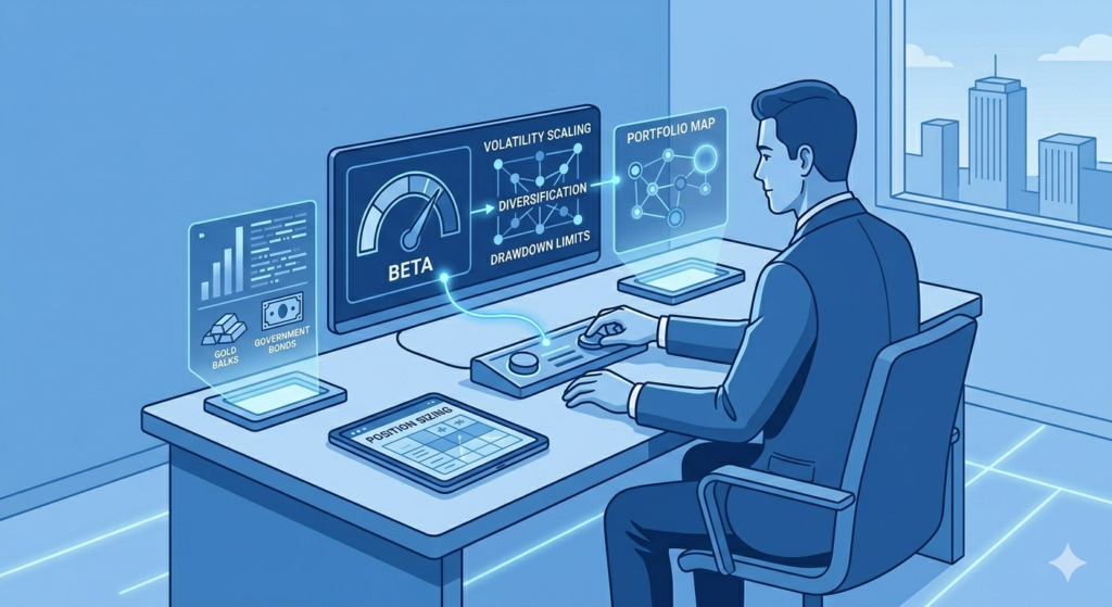 A blue-monochromatic illustration of a man sitting at a futuristic desk, managing financial data on multiple holographic displays. The main monitor shows a "BETA" gauge and terms like "VOLATILITY SCALING," "DIVERSIFICATION," and "DRAWDOWN LIMITS." Floating screens to the side display "GOLD BARS," "GOVERNMENT BONDS," and a "PORTFOLIO MAP." A tablet on the desk is labeled "POSITION SIZING."