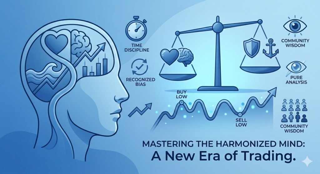 A minimal blue illustration showing a human profile and trading symbols. A scale balances a heart and brain against a shield and anchor, surrounded by icons for "Time Discipline" and "Recognized Bias," illustrating the psychology behind market cycles and disciplined trading.