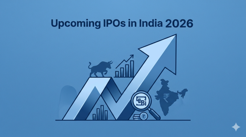 "Monochromatic blue illustration featuring a rising market arrow, bull icon, and a map of India, symbolizing the 2026 outlook for upcoming IPOs in India."