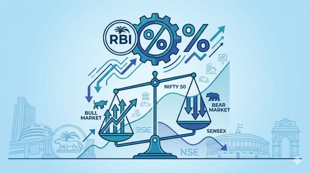 A minimal, monochromatic blue illustration depicting the RBI's interest rate impact on the Indian stock market, featuring a central scale balancing a bull and bear market, percentage rate gears, and silhouettes of Mumbai's Dalal Street landmarks
