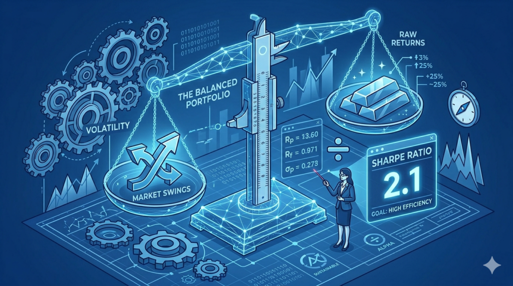 A technical monochromatic blue diagram featuring a mechanical scale balancing "Market Swings" and "Raw Returns." A digital readout displays the Sharpe Ratio formula and a high efficiency score of 2.1. An investment professional points to the data, representing the disciplined measurement of risk-adjusted returns in a balanced portfolio.