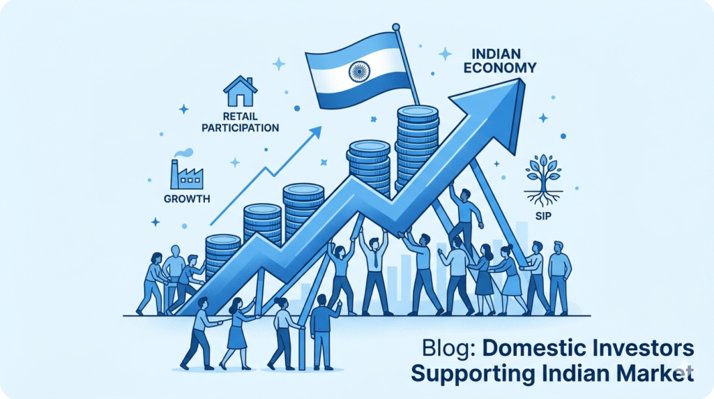 A minimal monochromatic blue illustration depicting a diverse group of Indian citizens collectively supporting a large upward-pointing growth arrow. The image includes symbolic elements like the Indian flag, stacks of coins, and icons representing SIPs, retail participation, and the Indian economy, reinforcing the theme of domestic investment driving market stability.