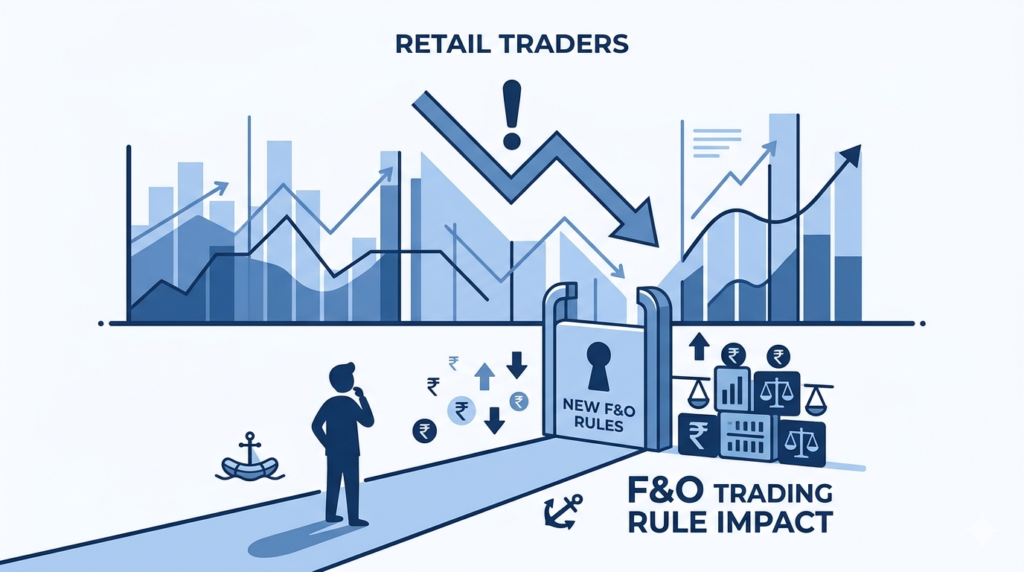 A minimalist, monochromatic blue illustration for a blog post about the impact of new SEBI F&O trading rules on retail traders. The image shows a lone retail trader figure standing thoughtfully on a path, facing a large, stylized blue barrier labeled "NEW F&O RULES" with a keyhole motif. Behind the barrier is a series of interconnected, upward and downward-trending financial charts and graphs representing market volatility.