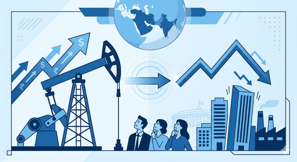 "A monochromatic blue illustration showing an oil derrick with rising price arrows next to a falling stock market graph, representing the economic risk of crude oil prices on Indian markets."
