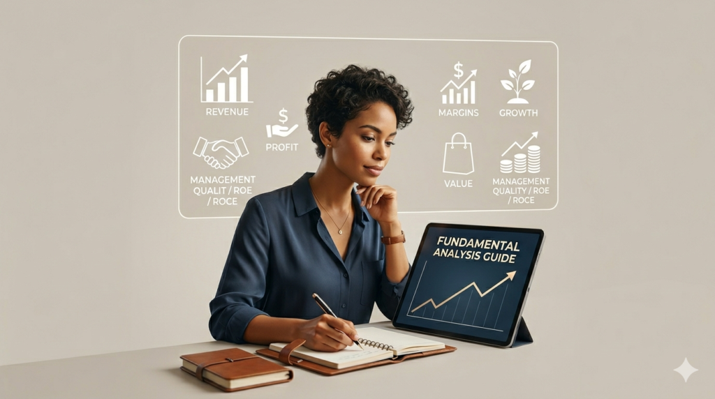 A minimal and professional illustration for a Fundamental Analysis Guide, featuring a woman analyzing financial data on a tablet. Overlaid icons represent key metrics like revenue growth, profit margins, value investing, and management quality (ROE/ROCE) against a clean, neutral background.
