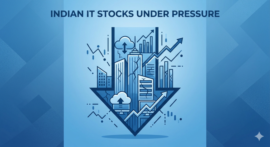 "Minimalist monochromatic blue illustration featuring a large downward arrow filled with cracked skyscrapers, computer icons, and declining line charts, with the header text 'INDIAN IT STOCKS UNDER PRESSURE' to depict the Nifty IT index fall."