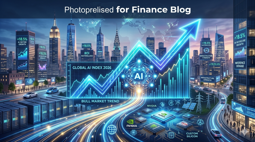 "A digital illustration of a futuristic cityscape representing the 2026 AI bull market, featuring a large glowing blue upward-trending graph. The foreground showcases data center server racks, microchips, and digital displays, symbolizing the shift toward AI infrastructure, inference demand, and materialized ROI.
