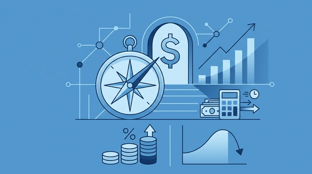 A minimalist monochromatic blue technical illustration representing stock valuation concepts, featuring a navigation compass pointing toward a dollar sign archway, accompanied by rising growth bar charts, a calculator, and stacked coins to symbolize intrinsic value and financial analysis.