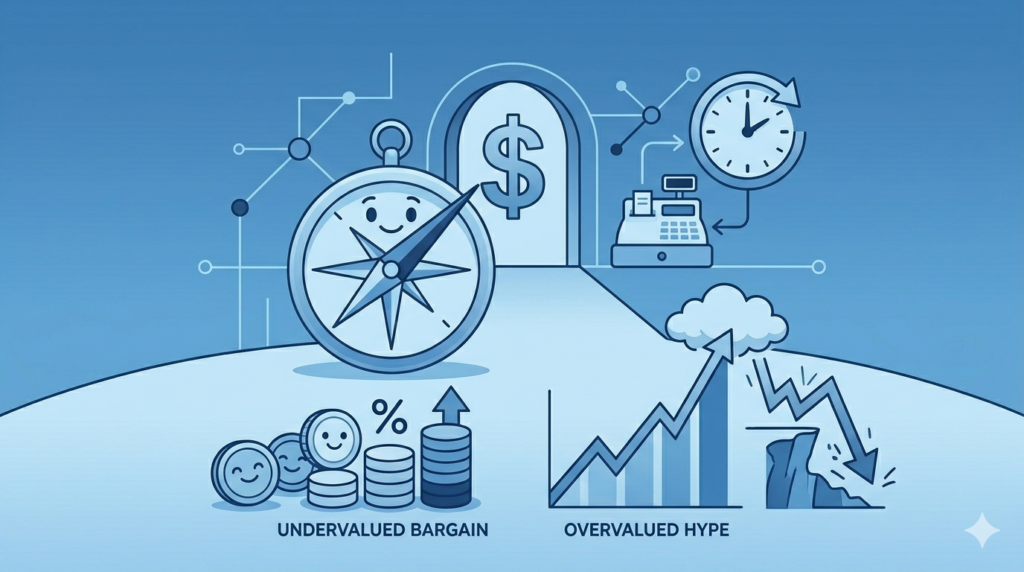 A monochromatic blue cartoon-style vector illustration for investment education, featuring a friendly compass character leading toward a financial gateway. The image contrasts happy smiling coin characters labeled "Undervalued Bargain" with a jagged crashing stock arrow labeled "Overvalued Hype."