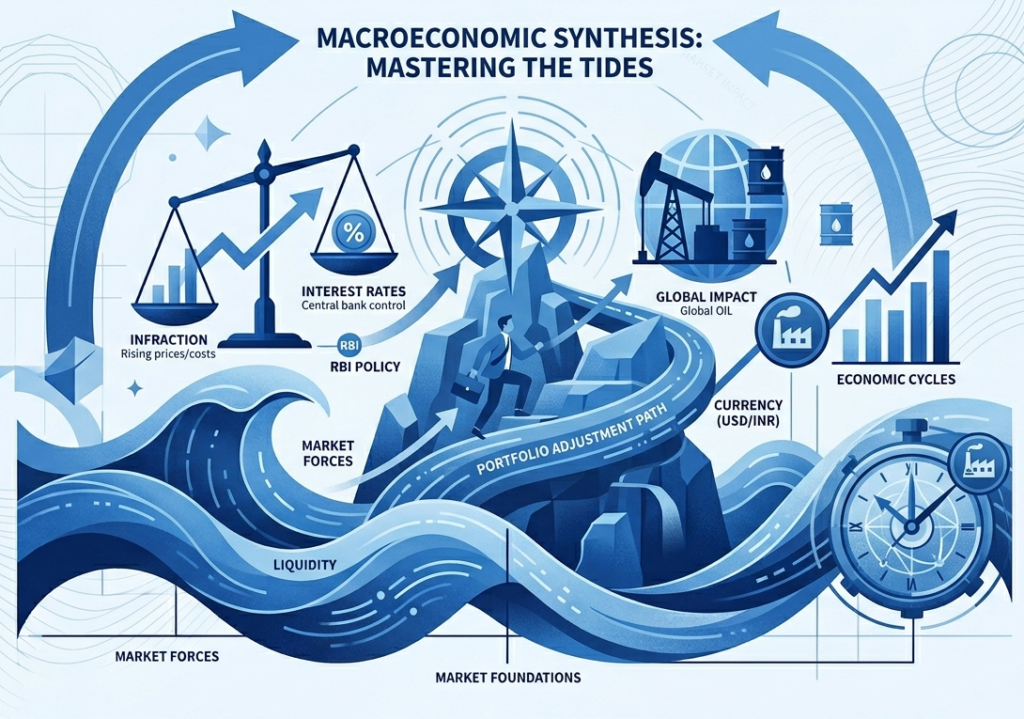 A detailed monochromatic blue infographic titled 'Macroeconomic Synthesis: Mastering the Tides.' It features a professional figure navigating a 'Portfolio Adjustment Path' toward a North Star compass. Surrounding elements include a large clock representing economic cycles, scales for inflation, and icons for RBI policy and global market forces.
