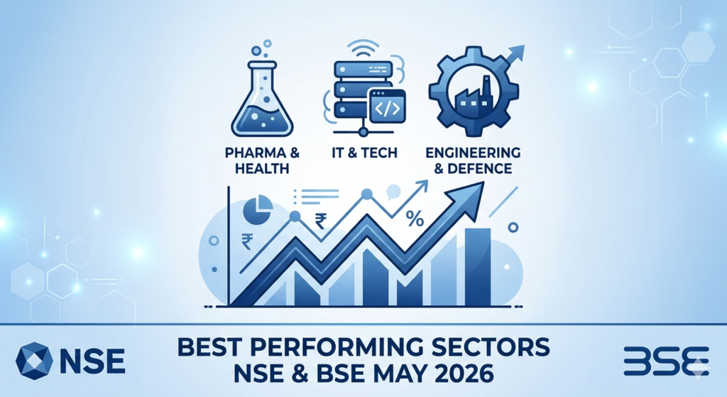 A minimal, monochromatic blue illustration representing the best performing sectors in the NSE and BSE for May 2026, featuring icons for Pharma, IT, and Defence above an upward-trending financial growth chart.
