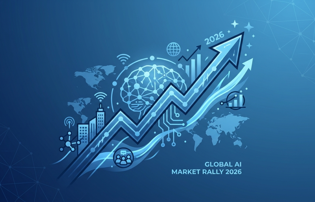 A minimal, monochromatic blue illustration showing a sharp upward-trending stock market arrow. The graphic integrates digital circuit patterns, a stylized human brain icon, and a global map silhouette to symbolize the 2026 AI-driven economic growth. Text on the image reads "GLOBAL AI MARKET RALLY 2026