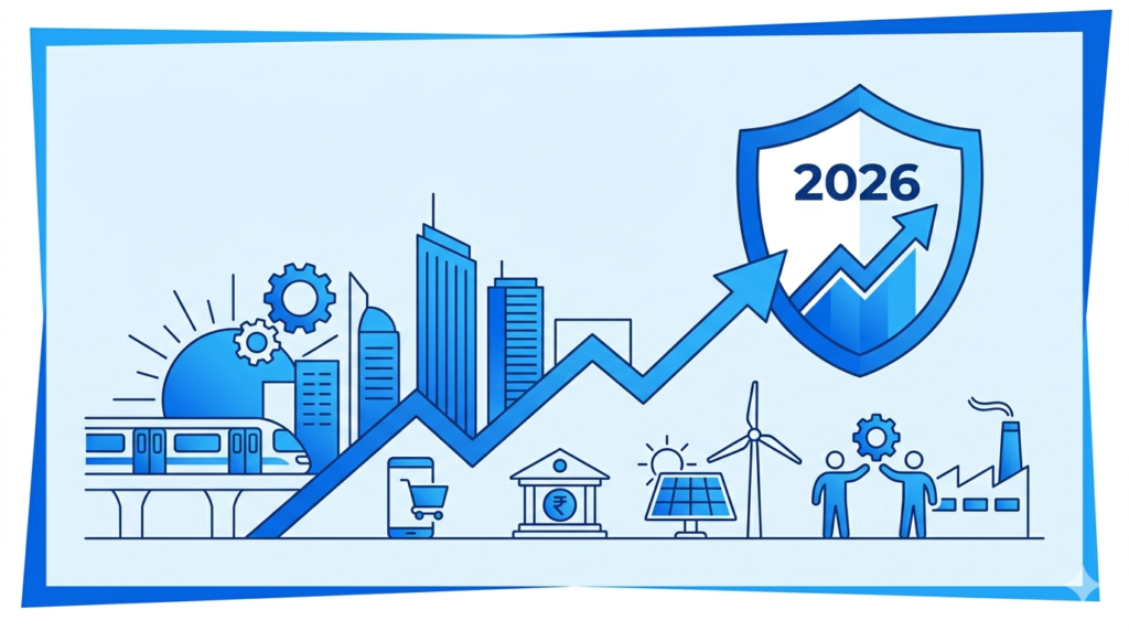"Minimalist monochromatic blue illustration depicting the growth of the Indian stock market in 2026, featuring an upward trend line with a shield icon, alongside symbols for infrastructure, banking, technology, and renewable energy."