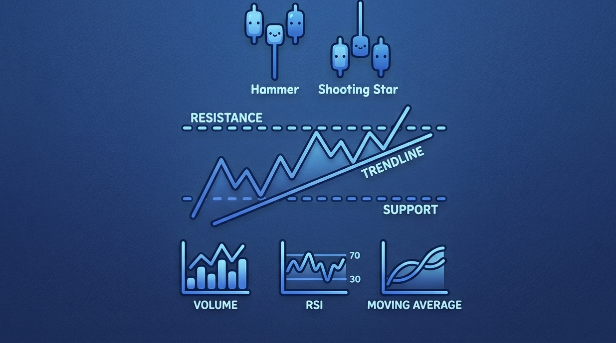 Monochromatic blue technical analysis infographic featuring candlestick patterns (Hammer and Shooting Star), a price trend chart showing support and resistance levels, and graphs for Volume, RSI, and Moving Average indicators.