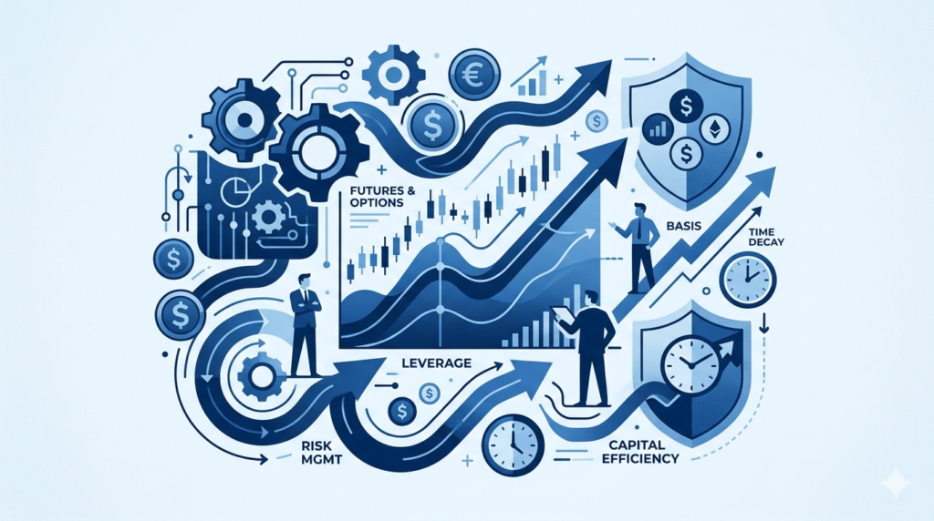 alt="A professional monochromatic blue illustration of a complex derivatives trading ecosystem, designed for a professional derivatives strategy guide. The visual features upward-trending stock charts, mechanical gears symbolizing market structure, and human figures in suits navigating arrows labeled 'Basis', 'Leverage', and 'Capital Efficiency'. The design is clean and minimalist."
