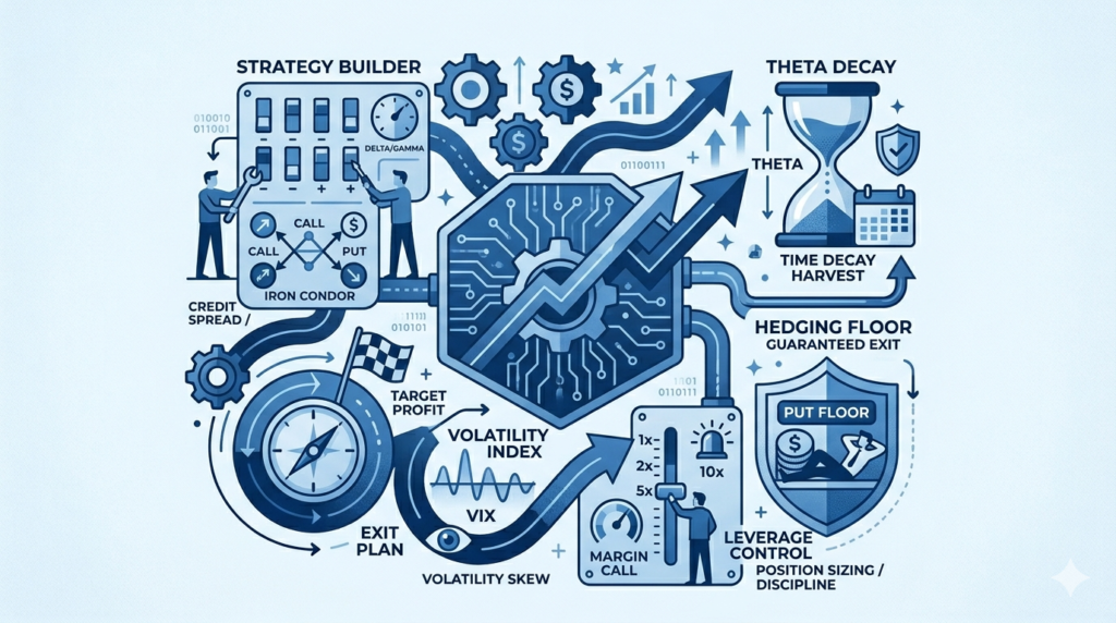 alt="A professional monochromatic blue illustration showing a complex derivatives trading ecosystem. The visual features upward-trending stock charts, mechanical gears symbolizing market structure, and human figures in suits navigating arrows labeled 'Basis', 'Leverage', and 'Capital Efficiency'. The design is clean, minimalist, and emphasizes a high-level strategic approach to trading."