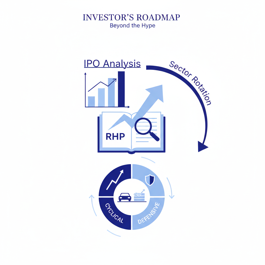 "Infographic for IPO and sector analysis showing an RHP document, financial growth charts, and the cycle of cyclical vs. defensive sectors