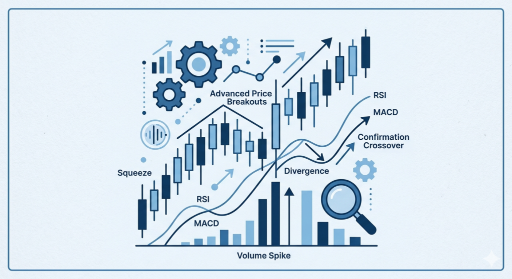 "A monochromatic blue technical analysis diagram illustrating indicator confluence, featuring a candlestick chart squeeze zone, RSI and MACD bullish crossovers, and high-volume breakout confirmation."