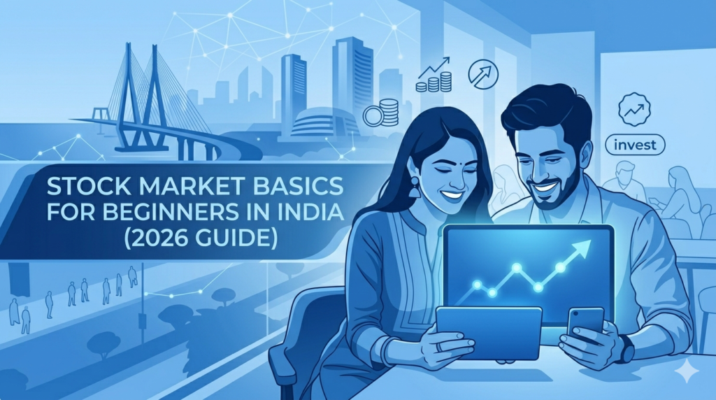 "A young Indian couple smiling while analyzing stock market charts on a digital tablet, representing the Stock Market Basics for Beginners in India (2026 Guide) against a modern city background."