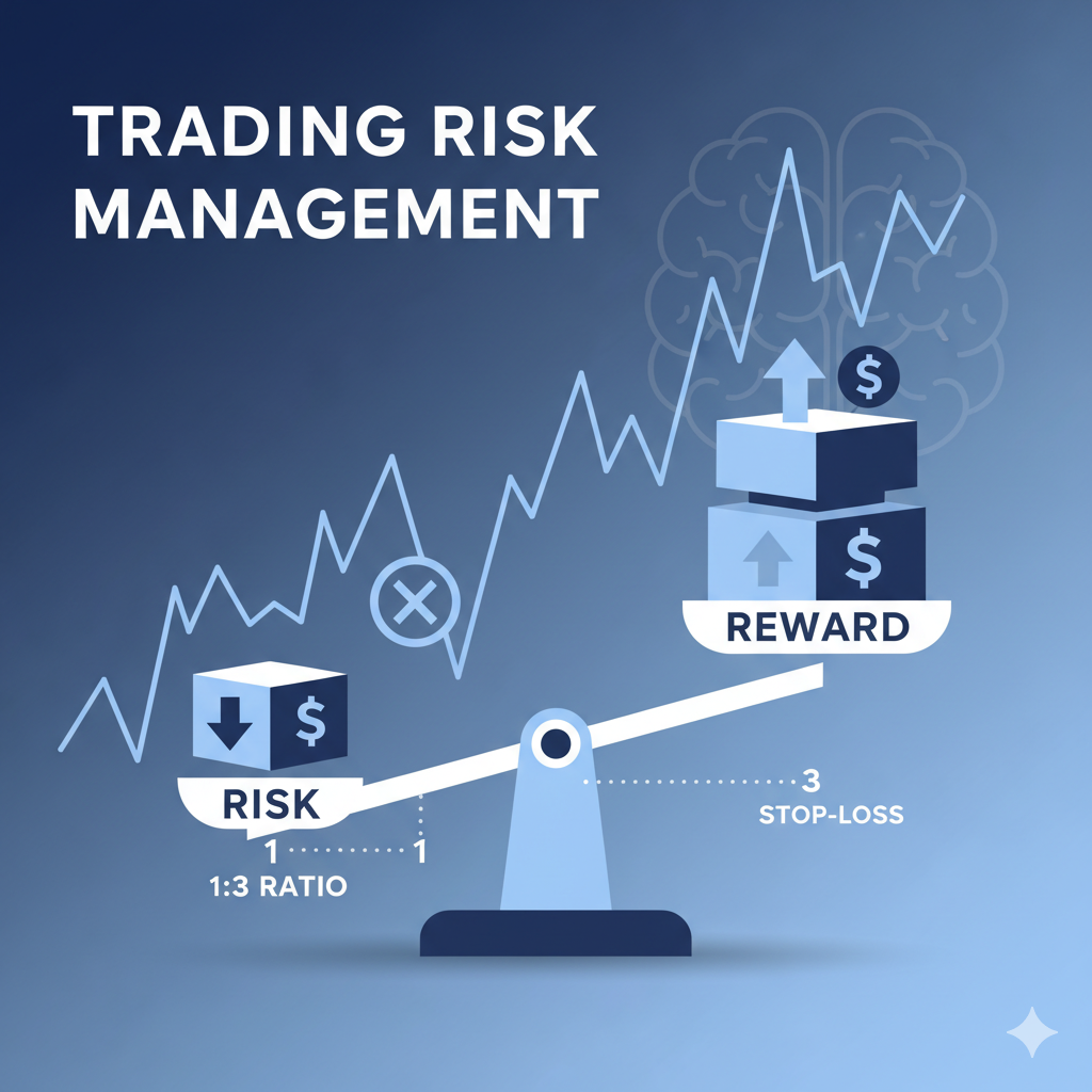 A monochromatic blue illustration of a balance scale where a larger stack of "Reward" blocks outweighs a single "Risk" block. The image includes a background stock chart line and text referring to the "1:3 ratio" and "stop-loss."