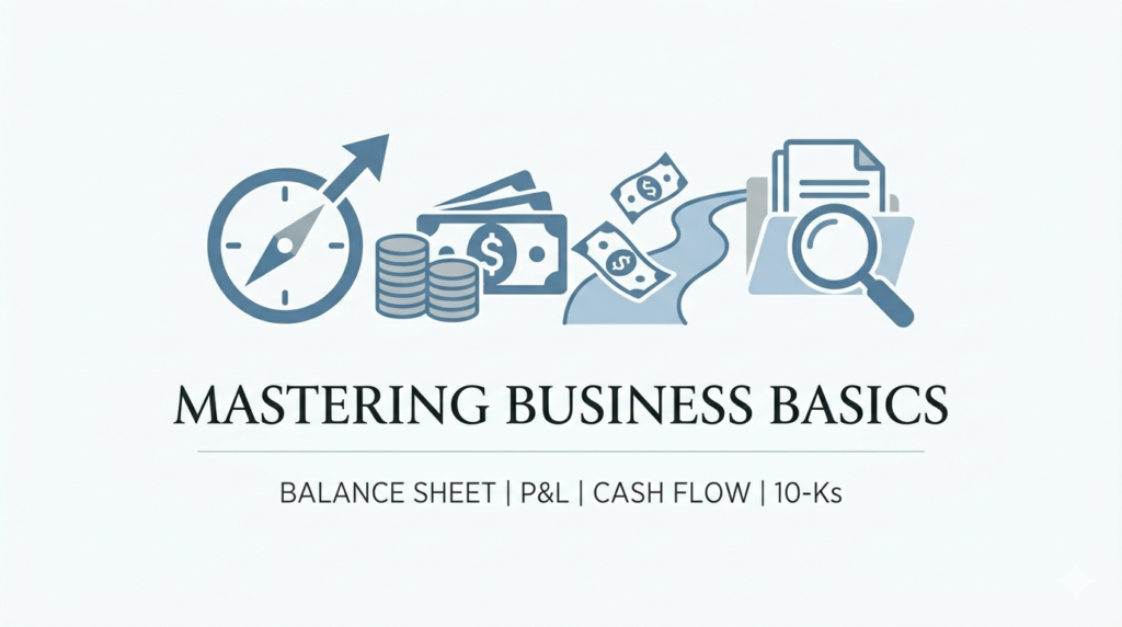 A professional minimal banner titled "Mastering Business Basics" displaying symbolic icons including a navigational compass, stacks of coins, a river flowing with cash, and a magnifying glass analyzing document folders.