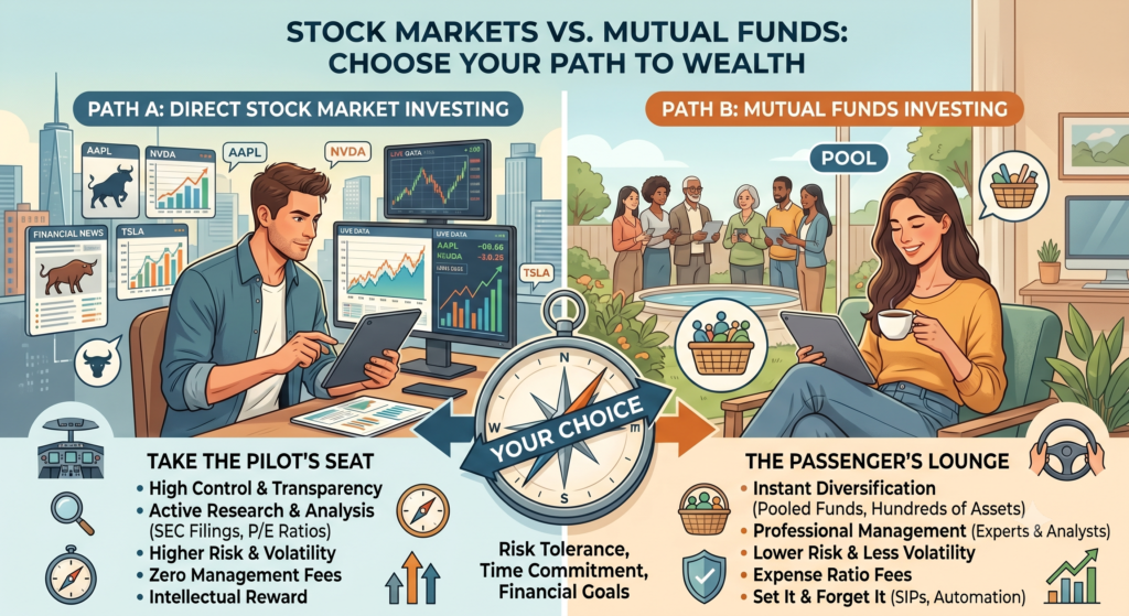 "Stock Markets vs. Mutual Funds: Choose Your Path to Wealth." The left side represents "Path A: Direct Stock Market Investing
