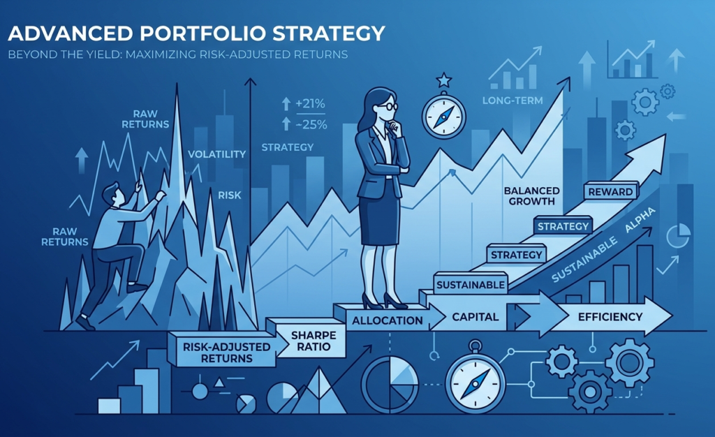 A monochromatic blue conceptual illustration of advanced portfolio strategy. A professional woman stands on a structured staircase labeled "Allocation" and "Efficiency," leading toward "Sustainable Alpha." In the background, a person struggles to climb jagged peaks representing "Raw Returns" and "Volatility," highlighting the difference between risky gambling and strategic wealth management.