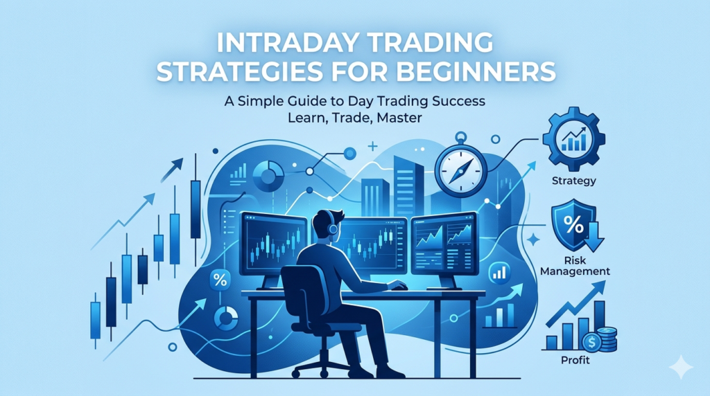 A minimalist, monochromatic blue illustration of a trader working at a desk with dual monitors displaying stock charts. The image features the title "INTRADAY TRADING STRATEGIES FOR BEGINNERS" and three descriptive icons highlighting the core pillars of day trading: Strategy, Risk Management, and Profit.