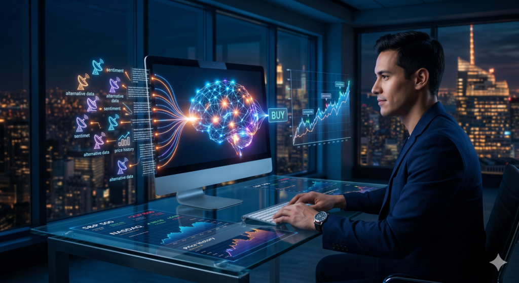A futuristic digital concept of a stock market with glowing holographic charts, data streams, and a bull icon representing technology-driven trading.