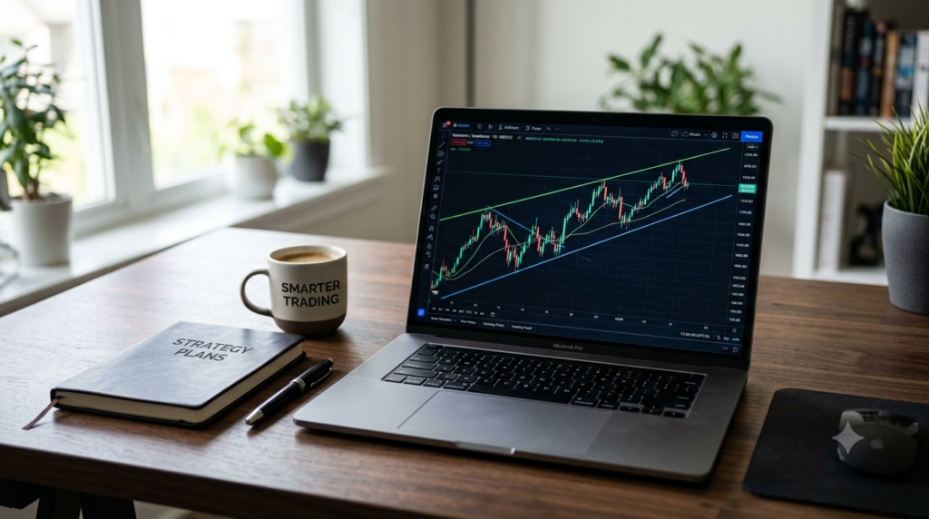 “Smarter Trading” coffee mug, a notebook labeled “Strategy Plans,”
